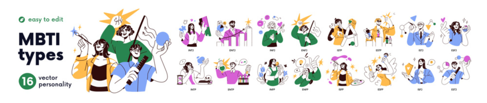 MBTI characters set. Myers-Briggs personality type indicators for HR. Psychology concept, human with different mindsets, intuition, sensing. Flat vector illustrations isolated on white background