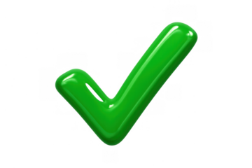 Green glossy check mark symbol representing approval, success, and correct validation on transparent background