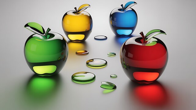 Four colorful glass apples and water droplets on a gray surface fruit green