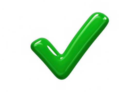 Green glossy check mark symbol representing approval, success, and correct validation on transparent background