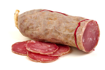 Saucisson sec, dry cured sausage, sliced, isolated on white background