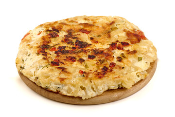 Potato Omelet with Vegetables on Wood, isolated on white background