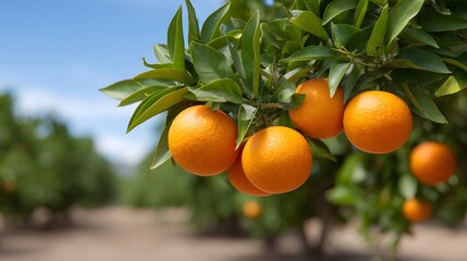 Ripe oranges cluster on a branch in a sunlit citrus grove beneath a clear blue sky
