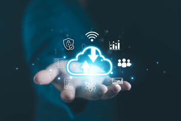 Business hand presenting a glowing cloud computing icon with data storage, security, analytics, and network symbols, representing digital transformation, cloud technology, and modern IT infrastructure