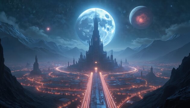 Futuristic city glows with orange light under large moon and red planet. Advanced civilization in distant mountains. Spacecraft journey begins.