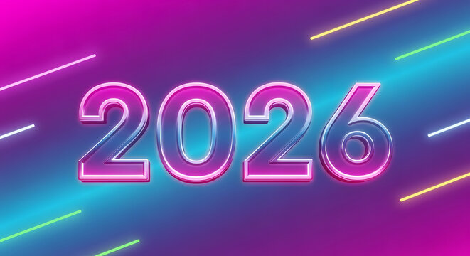 Vibrant 2026 Neon Text on Gradient Background with Dynamic Light Trails