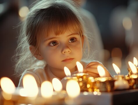 Little girl surrounded by warm candlelight, symbolizing hope, remembrance and tradition; ideal for spiritual articles, holiday campaigns or family-themed designs.