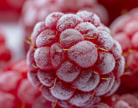 Extreme close-up macro photograph of a single frozen red raspberry covered in delicate ice crystals. - Powered by Adobe