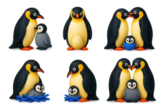Antarctic Family Icons. 3D icon set of antarctic family life: parent and chick, egg on feet, beak-to-beak bonding, adult with nest