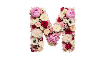 Elegant letter m formed from delicate pink white and red flowers on black background