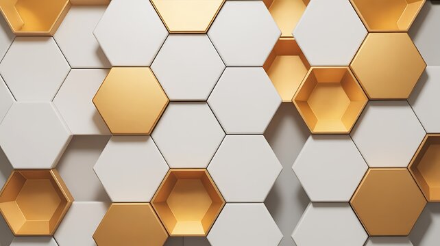 White and gold hexagonal pattern with recessed geometric shapes abstract background