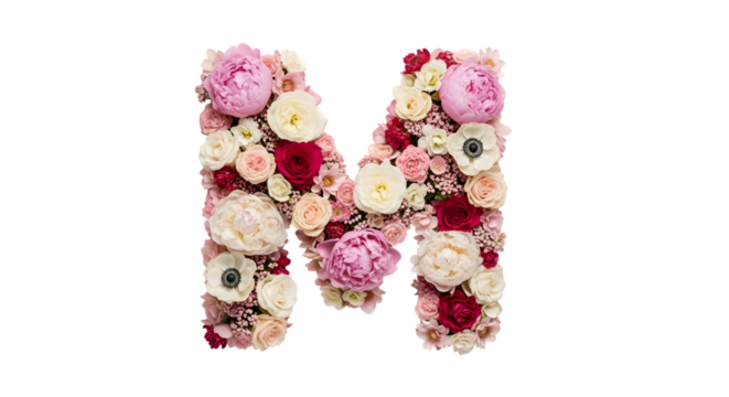 Elegant letter m formed from delicate pink white and red flowers on black background