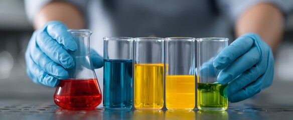 Hands wearing gloves combining vibrant chemicals within a controlled laboratory environment