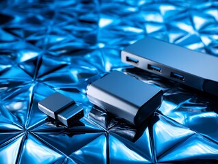 Blue chrome tech flatlay with adapters on prism-shaped digital backdrop