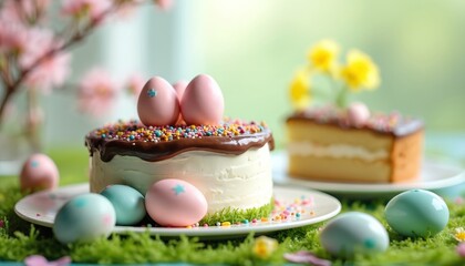 Easter desserts on spring table setting. White cake with chocolate topping, colorful sprinkles. Pink, blue eggs on plate. Green moss, flowers around. Another cake in background with yellow flowers.