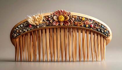 Ornate wooden hair comb with floral and wheat decorations.