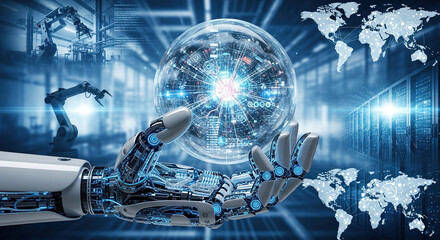 Hand of robot holding artificial intelligence innovation transforming industries through deep learning, predictive analytics, automation, and adaptive reasoning across global digital ecosystems