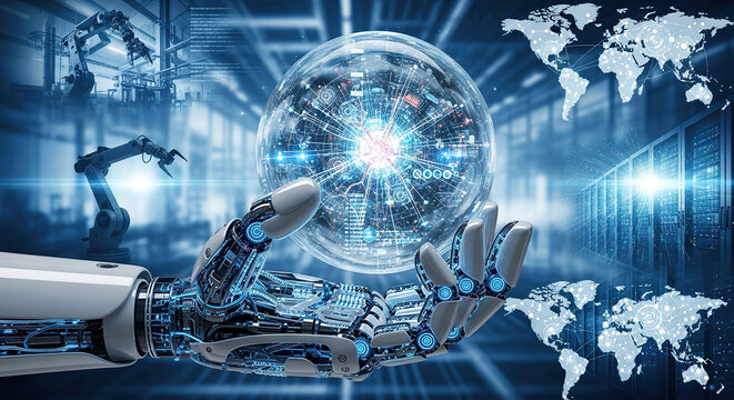 Hand of robot holding artificial intelligence innovation transforming industries through deep learning, predictive analytics, automation, and adaptive reasoning across global digital ecosystems