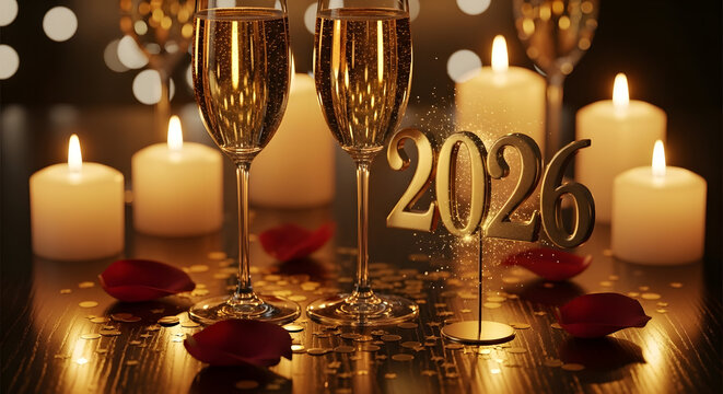 Happy New Year 2026 Celebration with Champagne, Candles & Confetti - Powered by Adobe