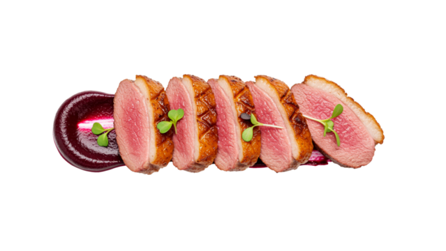 Sliced Duck Breast with Beetroot Puree and Microgreens