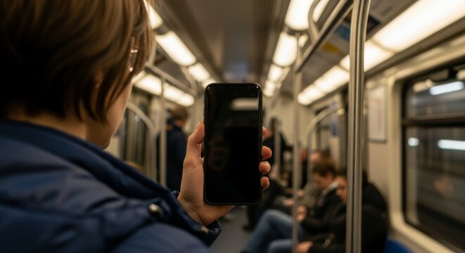 Young person using smartphone while sitting in subway train interior  