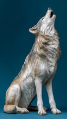 Realistic clay sculpture of a wolf howling against a teal background, showcasing intricate details and textures of the animal's fur