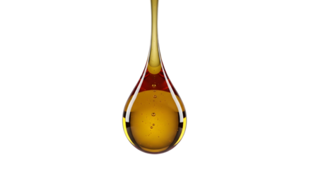 Golden viscous liquid dripping slowly in a perfect teardrop shape against a black background