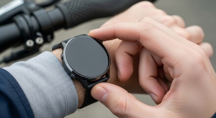 Man checking smartwatch while holding bicycle handlebar outdoors