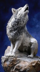 Realistic clay sculpture of a howling wolf perched on a rocky base against a deep blue backdrop