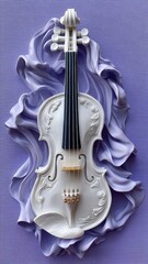 Realistic clay sculpture of a violin displayed on a pastel lavender textured background, highlighting intricate details and craft
