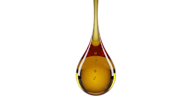 Golden viscous liquid dripping slowly in a perfect teardrop shape against a black background