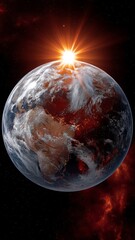 Realistic depiction of Earth with a semi-transparent ozone dome and bright rays of sunlight shining from the horizon