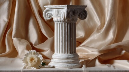 Realistic clay sculpture of an ancient Greek column with intricate details, placed elegantly on a soft, draped fabric background