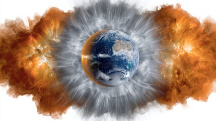 Realistic illustration of Earth surrounded by vibrant cosmic explosions and an ozone shield, showcasing a celestial scene