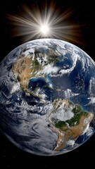 Realistic depiction of Earth viewed from space with a semi-transparent ozone dome, illuminated by sunlight from above