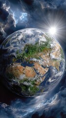 Realistic depiction of Earth with lush green landscapes and a semi-transparent ozone dome under cosmic light