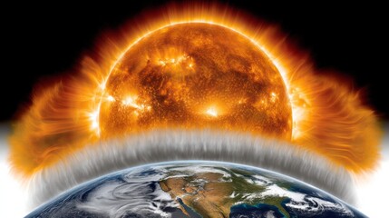 A realistic illustration of the Sun emerging from behind Earth, showcasing vibrant solar flares and an ozone shield over the planet