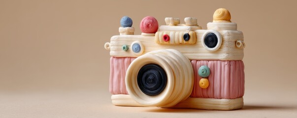 Realistic plasticine sculpture of a vintage camera displayed on a neutral background, showcasing colorful details and textures