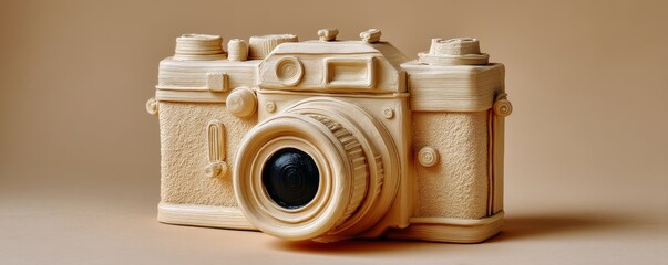 Realistic plasticine sculpture of a vintage camera with intricate detailing and a textured surface, set against a neutral background