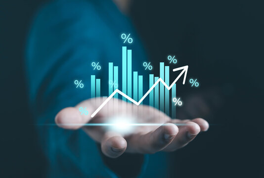 Business hand presenting a rising financial graph with percentage symbols, illustrating growth, investment performance, data analytics, economic trends, and modern business strategy in a digital - Powered by Adobe