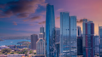Obraz premium 18 November 2025 Panoramic night view of Sydney Harbour and City Skyline of NSW Australia beautiful colourful skies on a beautiful spring day