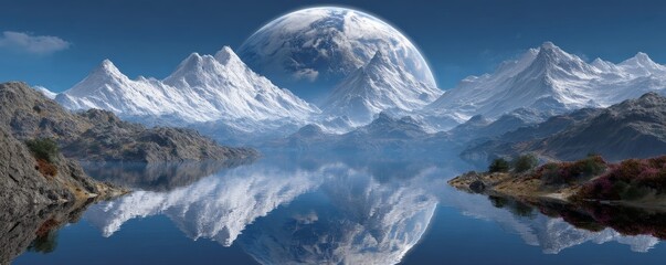 Serene crystal lake reflecting majestic mountains and a colossal Earth in a starry night sky