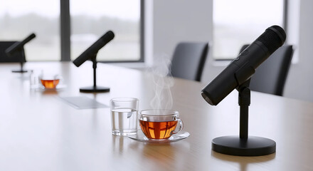 Conference Table Setup with Microphones and Steaming Tea Cups