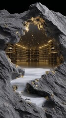 Shattered stone surface revealing a luminous library with golden accents, creating an enchanting atmosphere