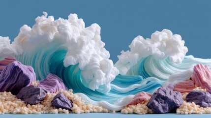 Stylized waves made of plasticine crashing onto a rocky shore with pastel colors