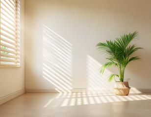 Empty Minimalist Room Interior Background with Sun Shadows and Plant