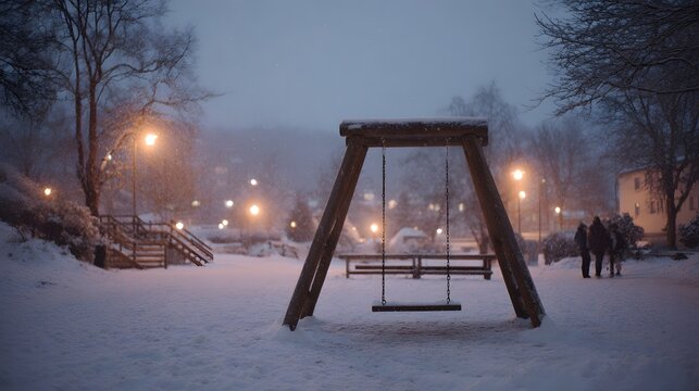 A snowy park playground with a swing set illuminated by streetlights at dusk