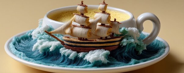 A tiny ship made of plasticine sailing in a vibrant teacup ocean, surrounded by dynamic waves, creating a whimsical scene