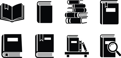 Book icon collection, black and white vector set of open, closed, stacked, labeled, and magnified book illustrations