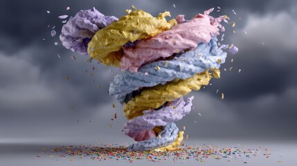 A vibrant spiral of pastel-colored material swirling with debris against a dark, stormy background, creating a dynamic visual